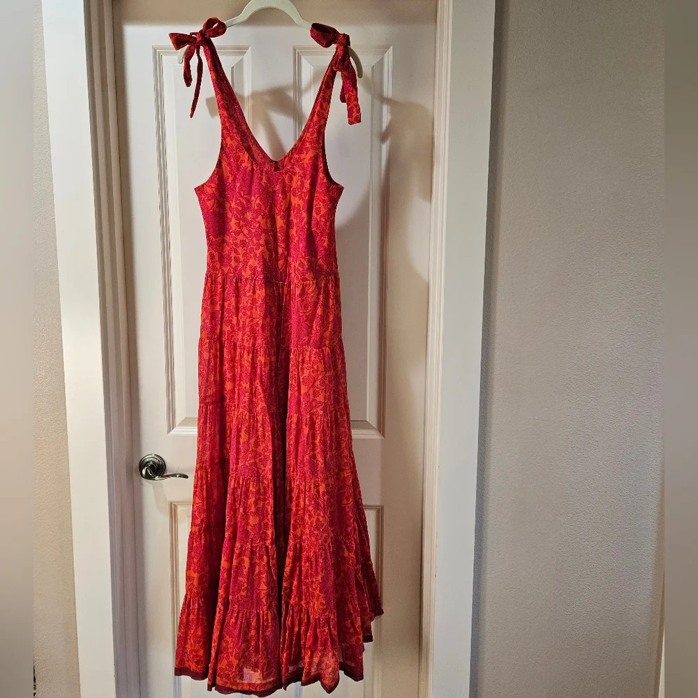 Free People Kikas Printed Midi Dress Cotton Ruffle Tiers Floral Sm Tangerine EUC - Picture 14 of 15